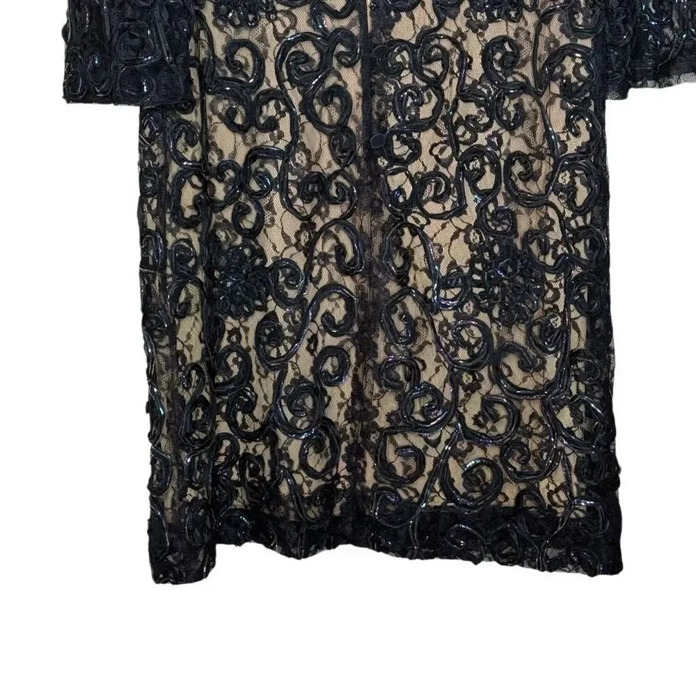 Vintage Joseph Magnin Black Tan 3/4 Sleeve Shift Mini Dress Size 9-10 Lace 60s_8